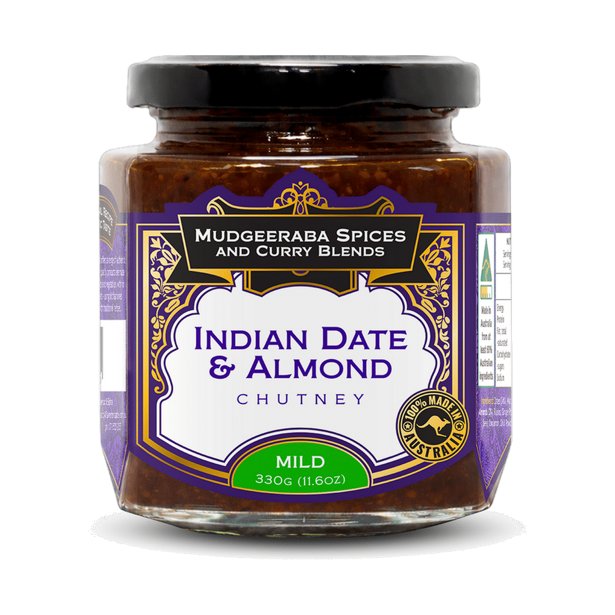 Mudgeeraba Spices Indian Date & Almond Chutney Mild 330g jar front