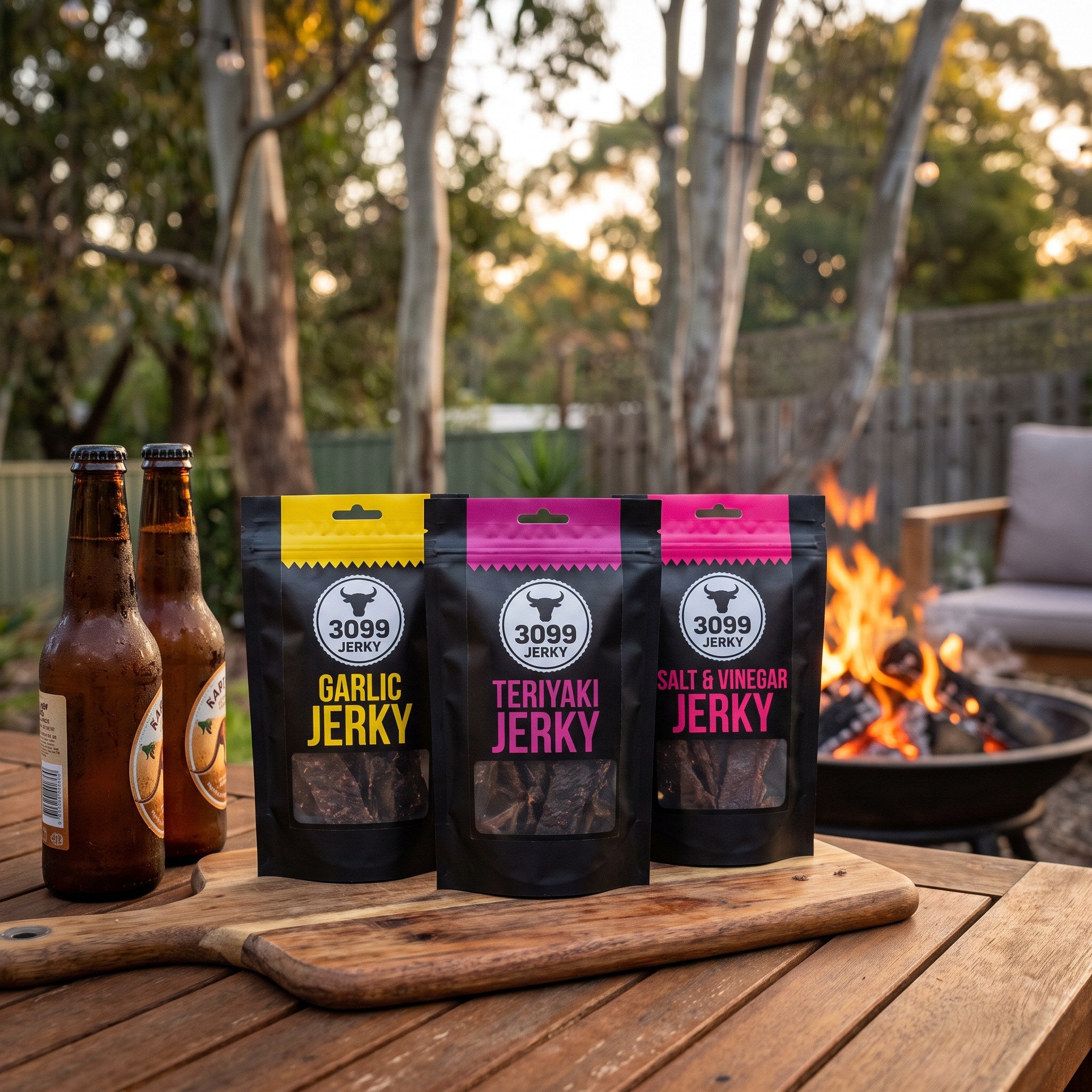 3099 Jerky 3-pack — Garlic, Teriyaki and Salt & Vinegar beef jerky on a grazing board by the fire