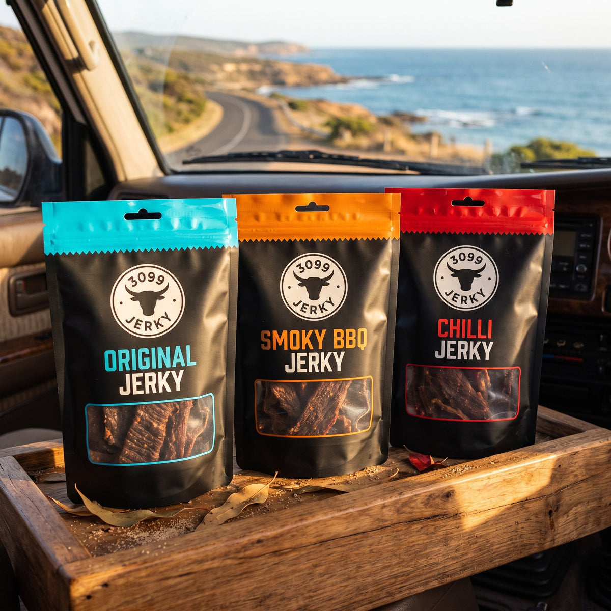 3099 Jerky build-your-own 3-pack — Original, Smoky BBQ and Chilli beef jerky on an Aussie road trip
