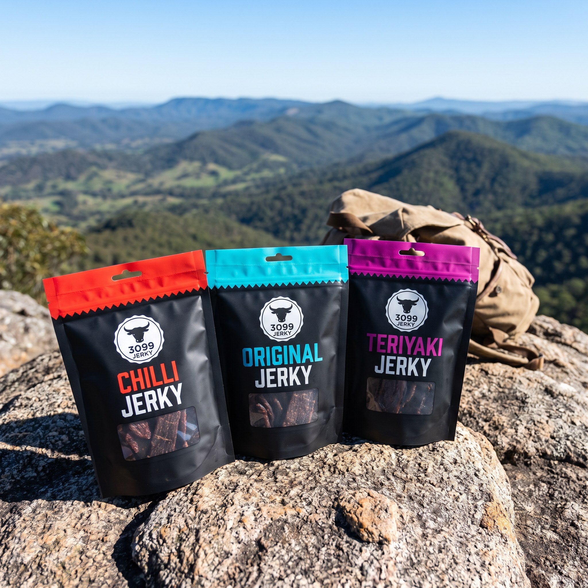 3099 Jerky 3-pack — Chilli, Original and Teriyaki beef jerky on a mountain hike