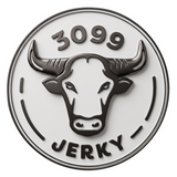 3099 Jerky brand logo, silver bull-head coin badge, on transparent background