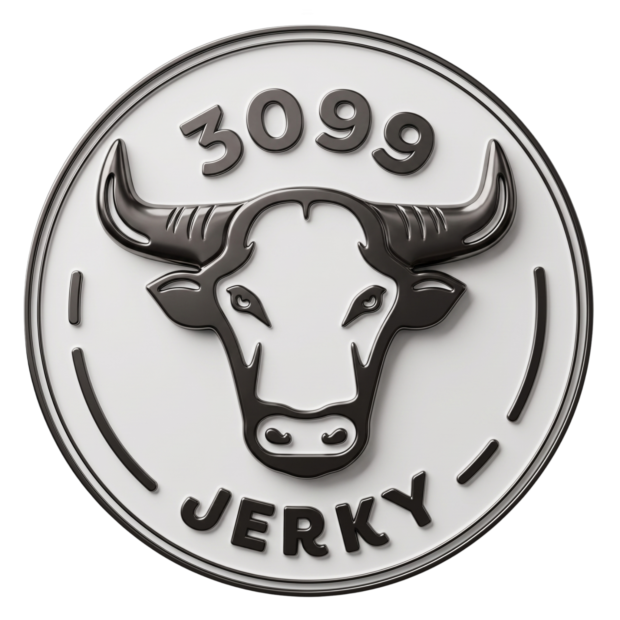 3099 Jerky brand logo, silver bull-head coin badge, on transparent background