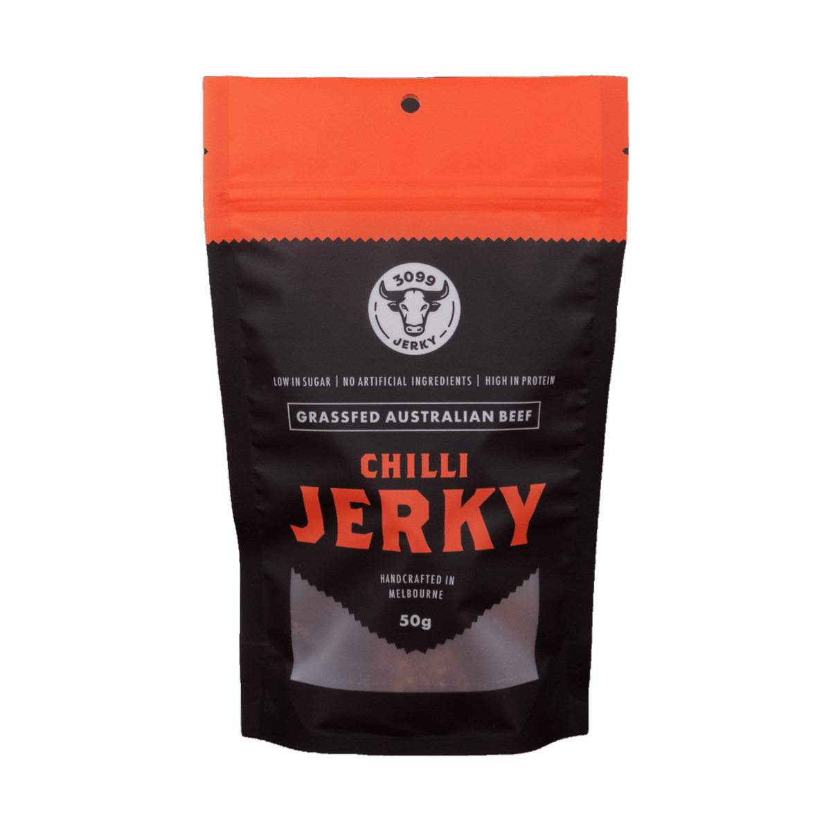 3099 Jerky Chilli Beef Jerky 50g beef jerky — front of the pack on a transparent background