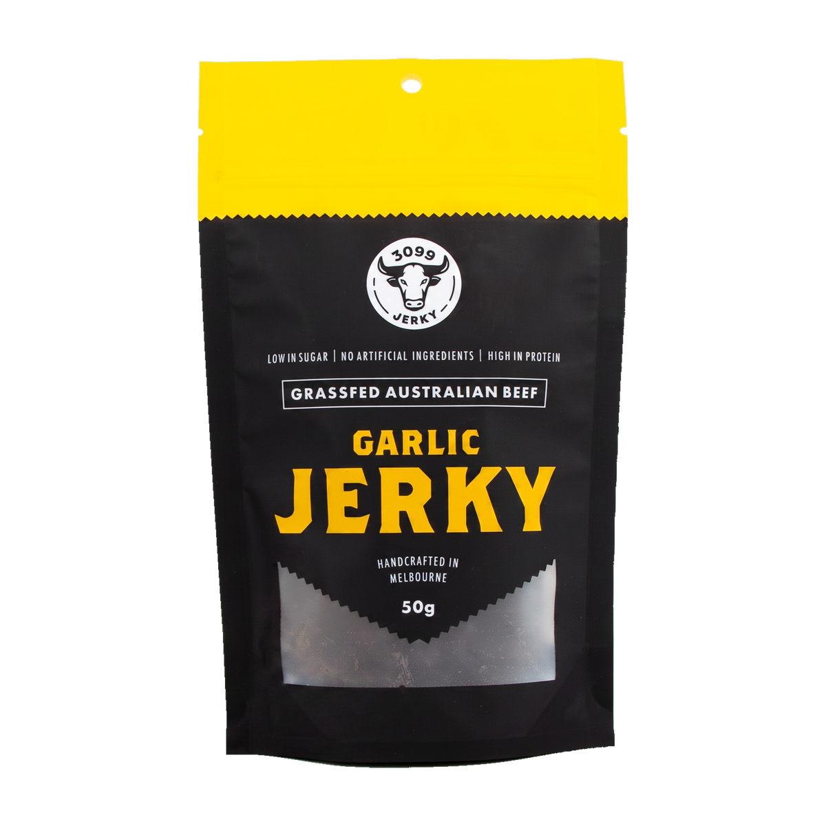3099 Jerky Garlic Beef Jerky 50g pack, front of pack on transparent background