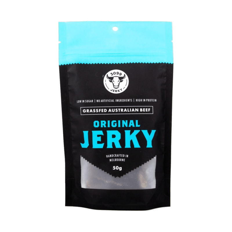 3099 Jerky Original Beef Jerky 50g beef jerky — front of the pack on a transparent background lifestyle photo