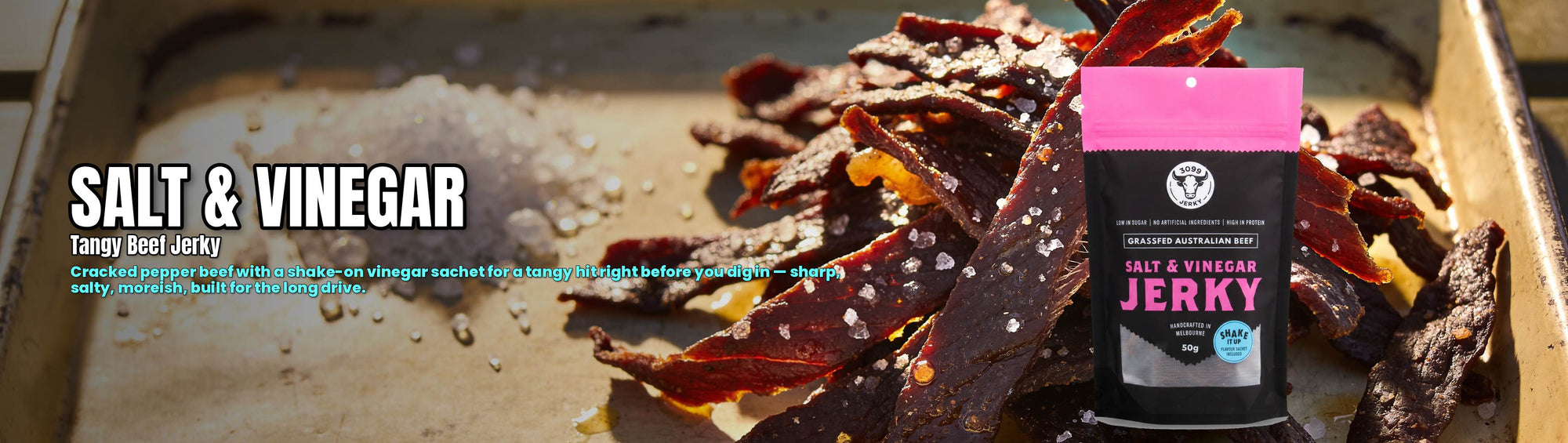 3099 Jerky Salt & Vinegar Beef Jerky 50g — torn beef jerky with sea salt crystals and the pouch