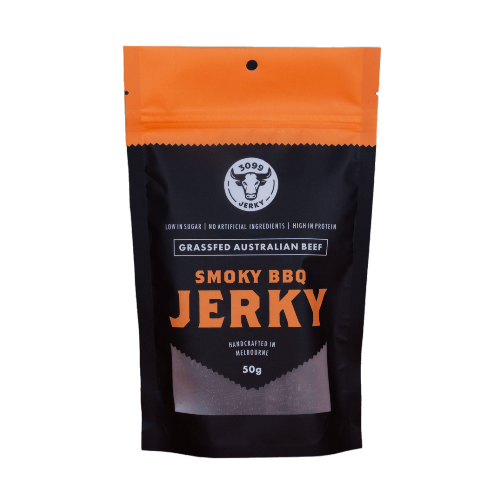 3099 Jerky Smoky BBQ Beef Jerky 50g beef jerky — front of the pack on a transparent background