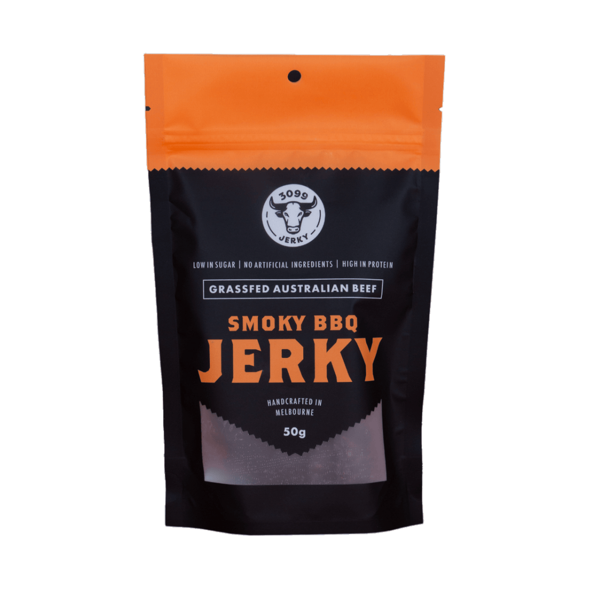 3099 Jerky Smoky BBQ Beef Jerky 50g beef jerky — front of the pack on a transparent background