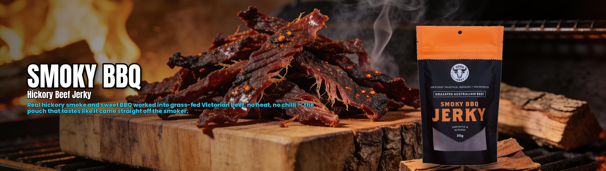 3099 Jerky Smoky BBQ Beef Jerky 50g — hickory smoked beef jerky on a smoker's block with the pouch