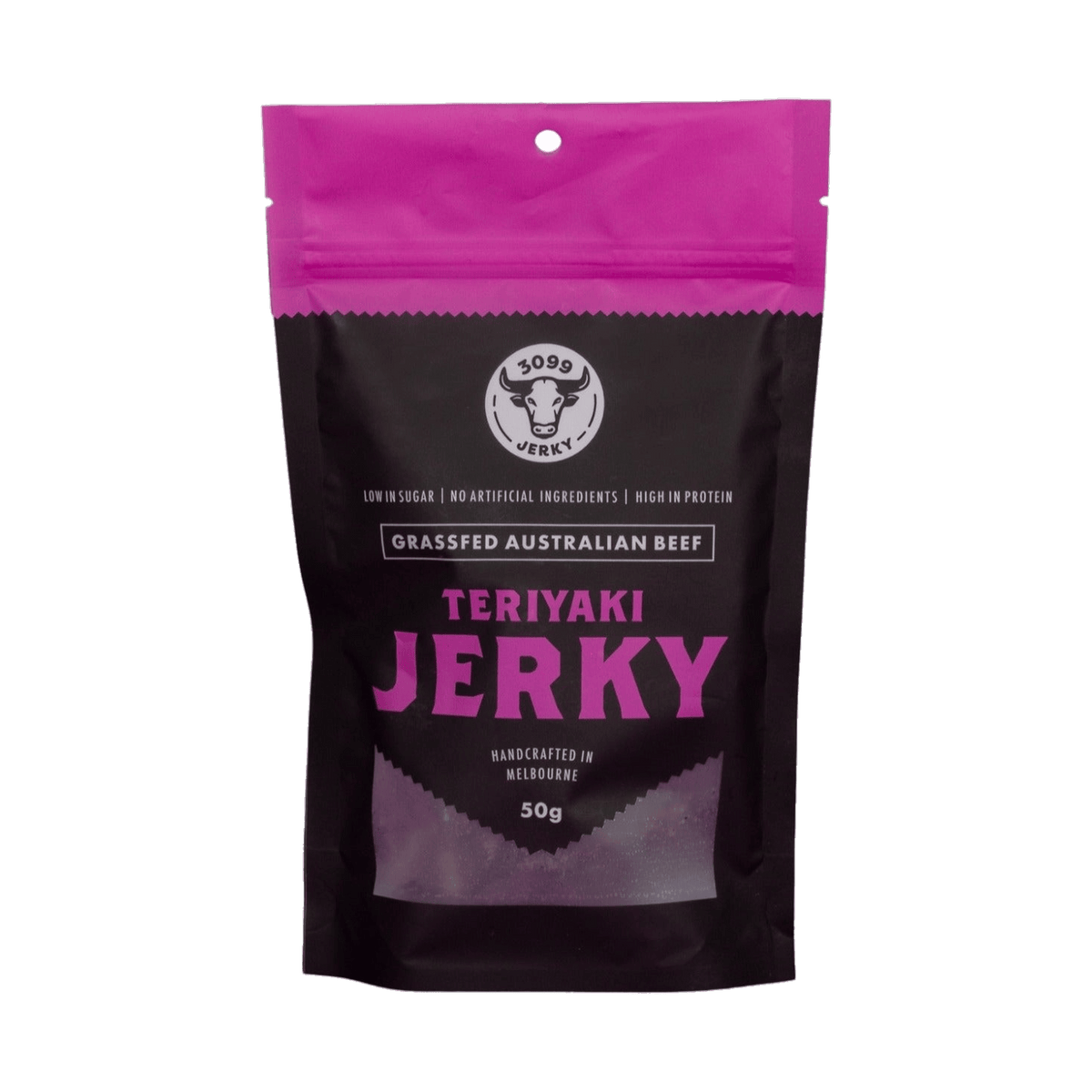 3099 Jerky Teriyaki Beef Jerky 50g beef jerky — front of the pack on a transparent background