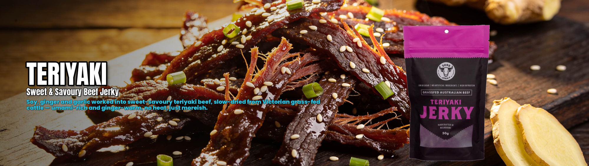 3099 Jerky Teriyaki Beef Jerky 50g — glossy teriyaki beef jerky with sesame and spring onion and the pouch