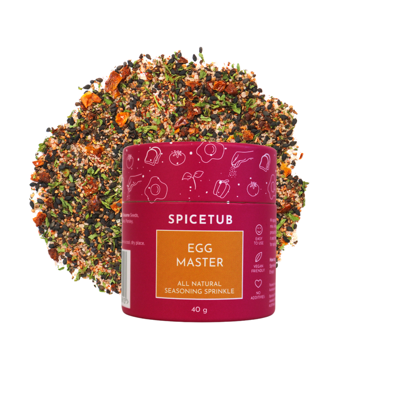 Spicetub Egg Master all-natural savoury egg seasoning 40g tub lifestyle photo