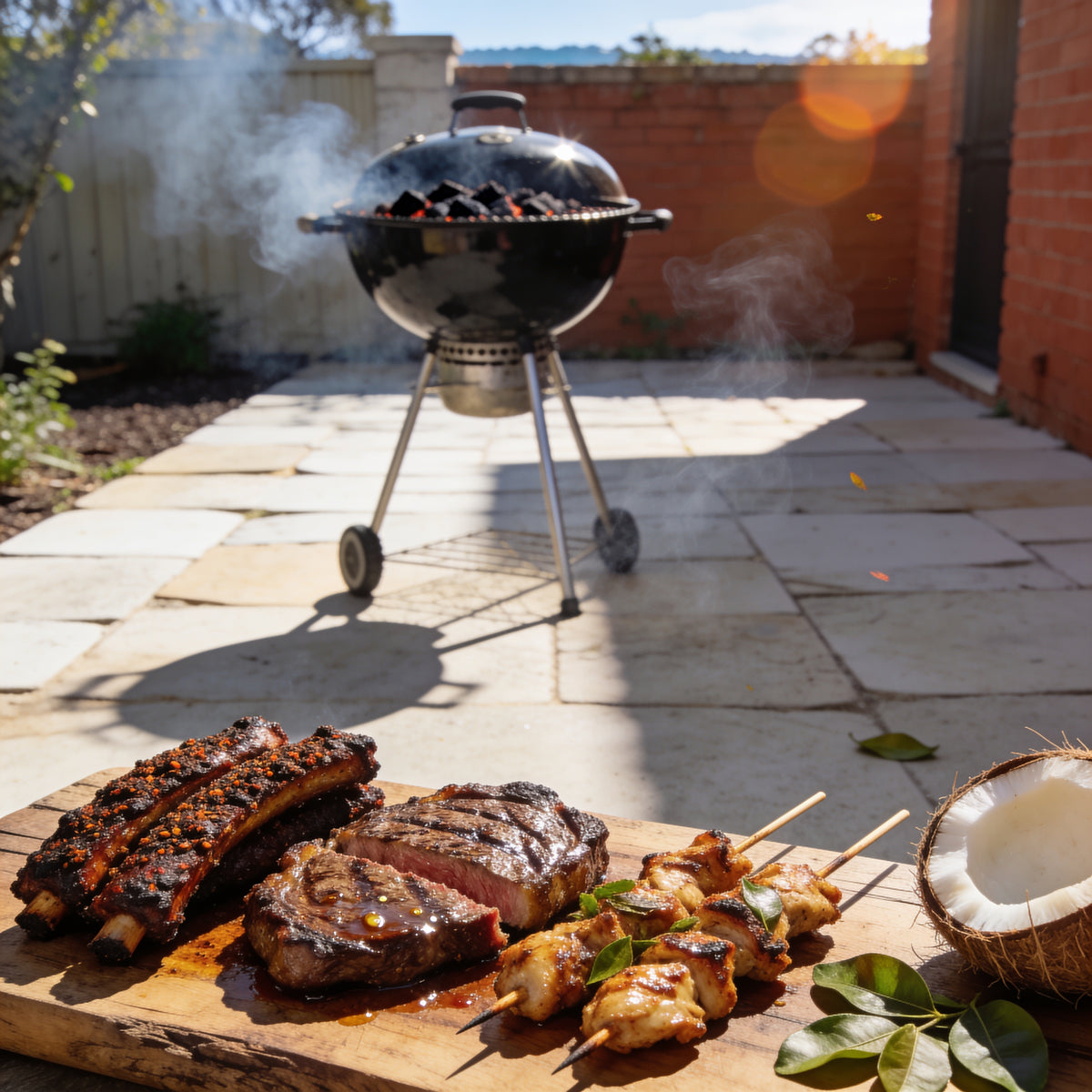 Mixed backyard grill spread — rubbed snags, steak and chicken with charcoal smoke