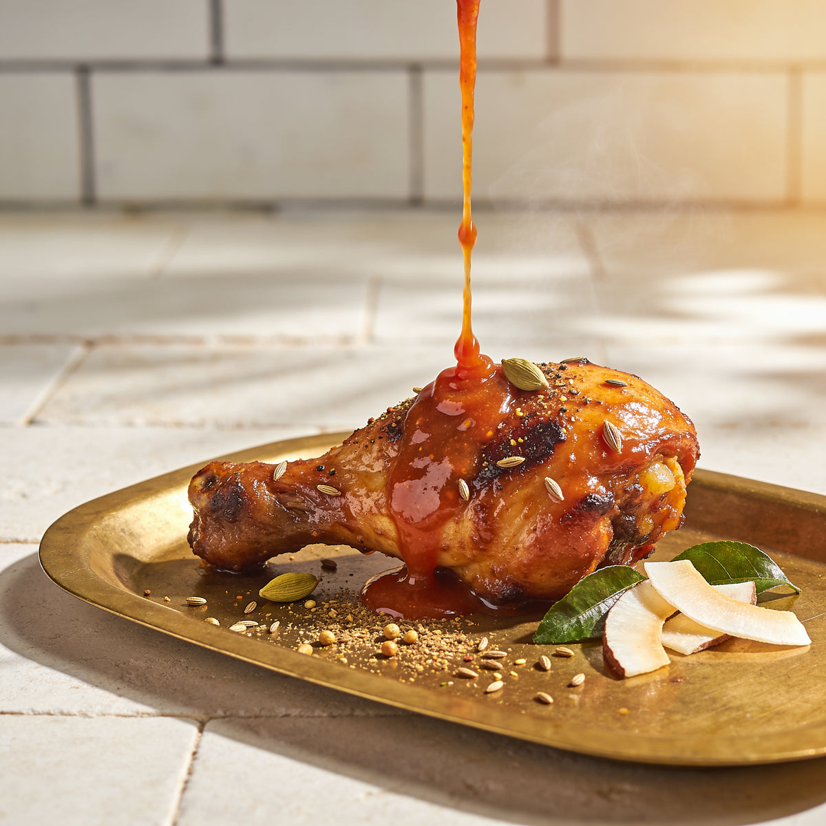 Glossy butter-chicken glazed thighs with a slow-drip macro on the sauce