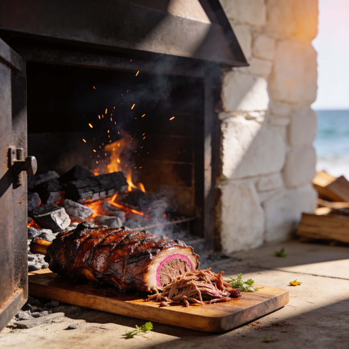 Pulled pork shoulder beside a glowing charcoal firebox, embers frozen mid-rise