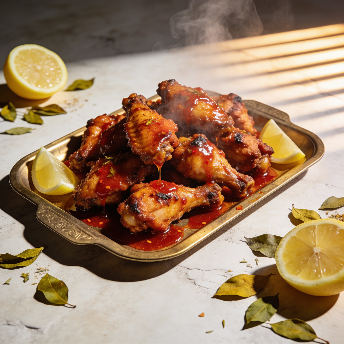 Overhead buffalo chicken wings tossed in glossy chilli glaze on a brass tray
