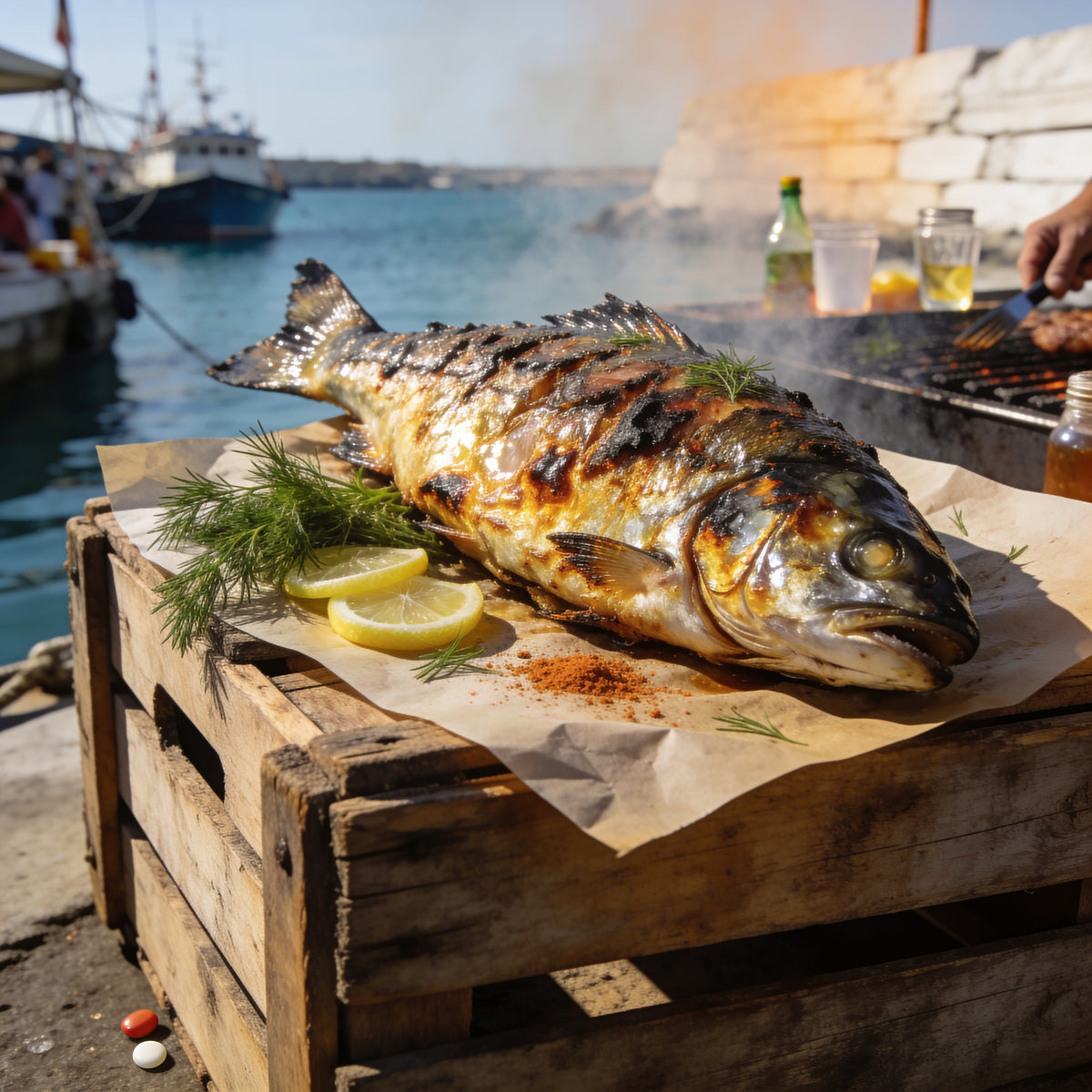 Whole grilled fish at a coastal fish-market stall with lemon and dill