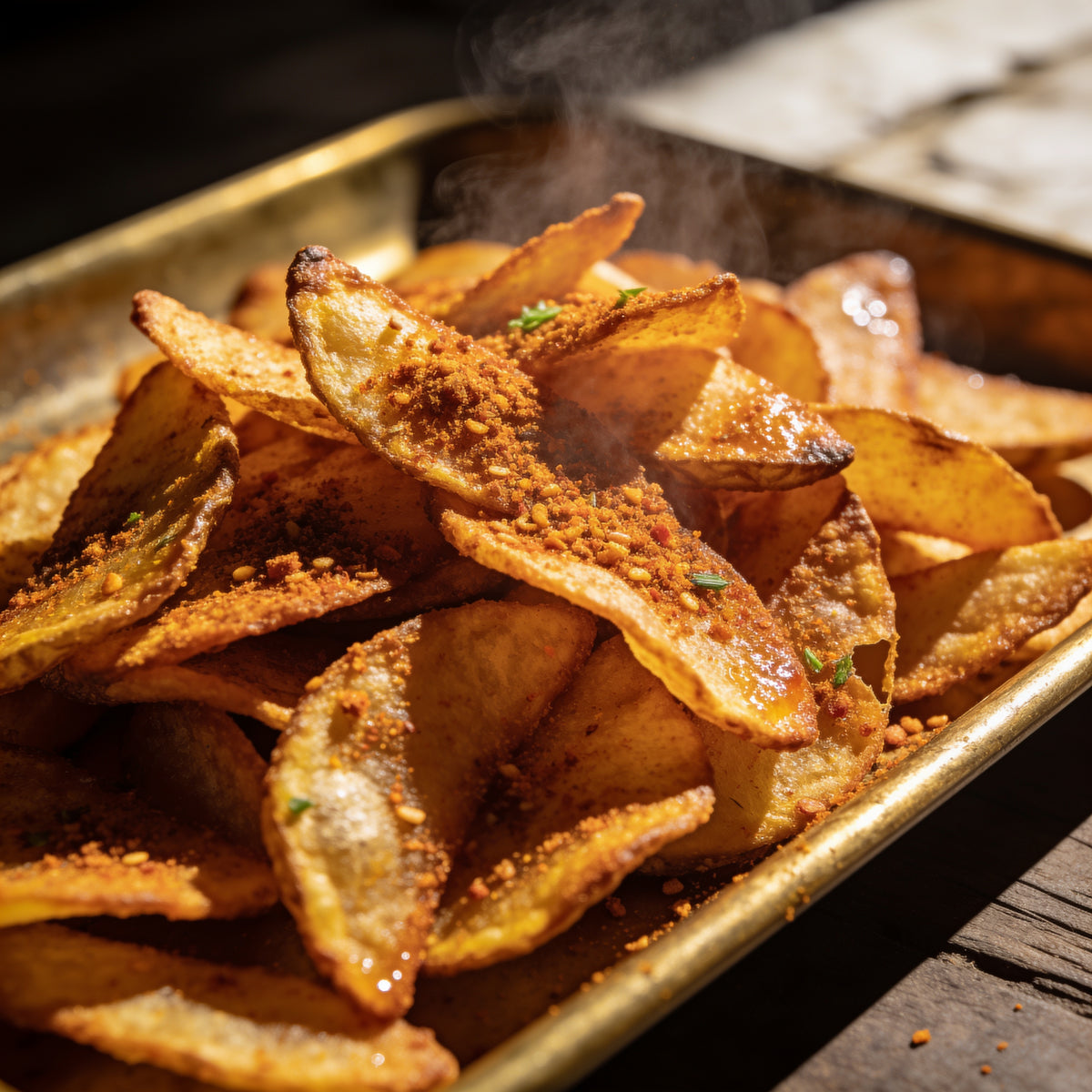 Extreme macro of golden-turmeric crisp chips dusted with seasoning