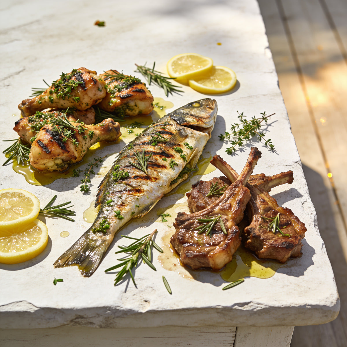 Overhead Mediterranean feast — herb-crusted chicken, fish and lamb cutlets