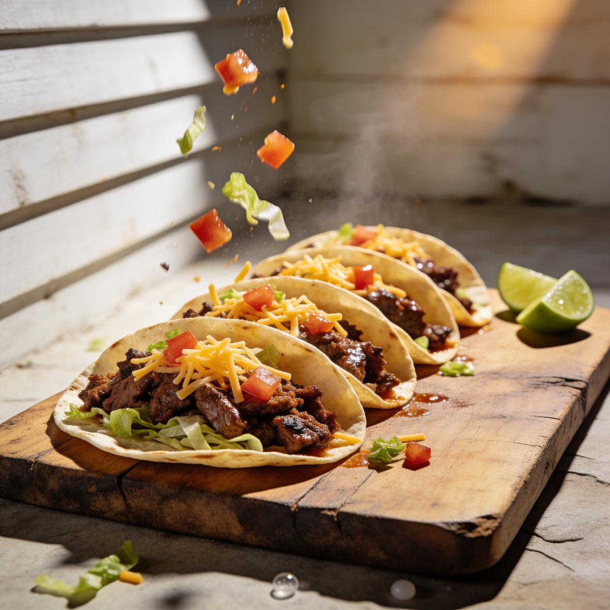Loaded beef tacos with cheese, tomato and lettuce captured mid-fall