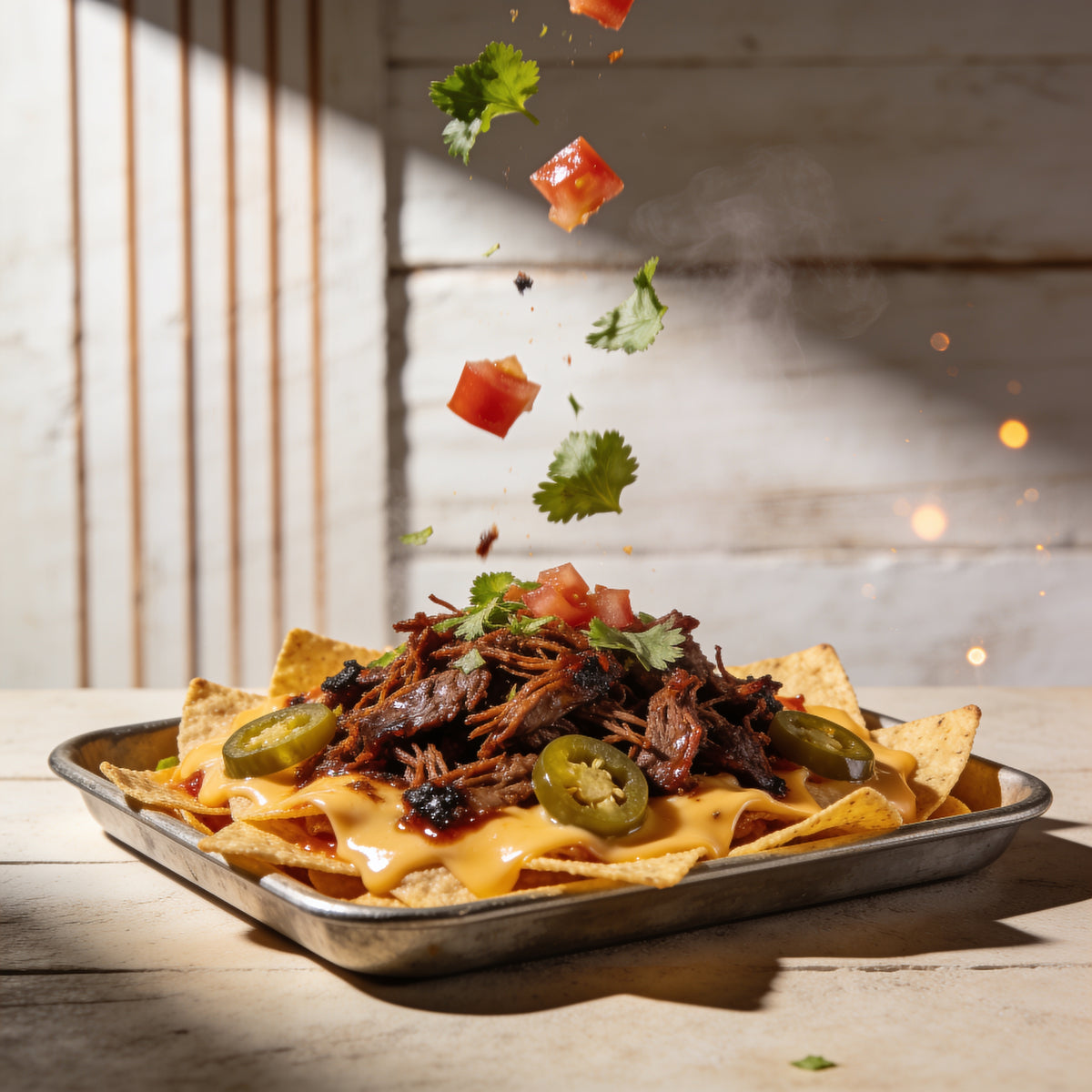 Loaded beef nachos with coriander and tomato scattered mid-fall