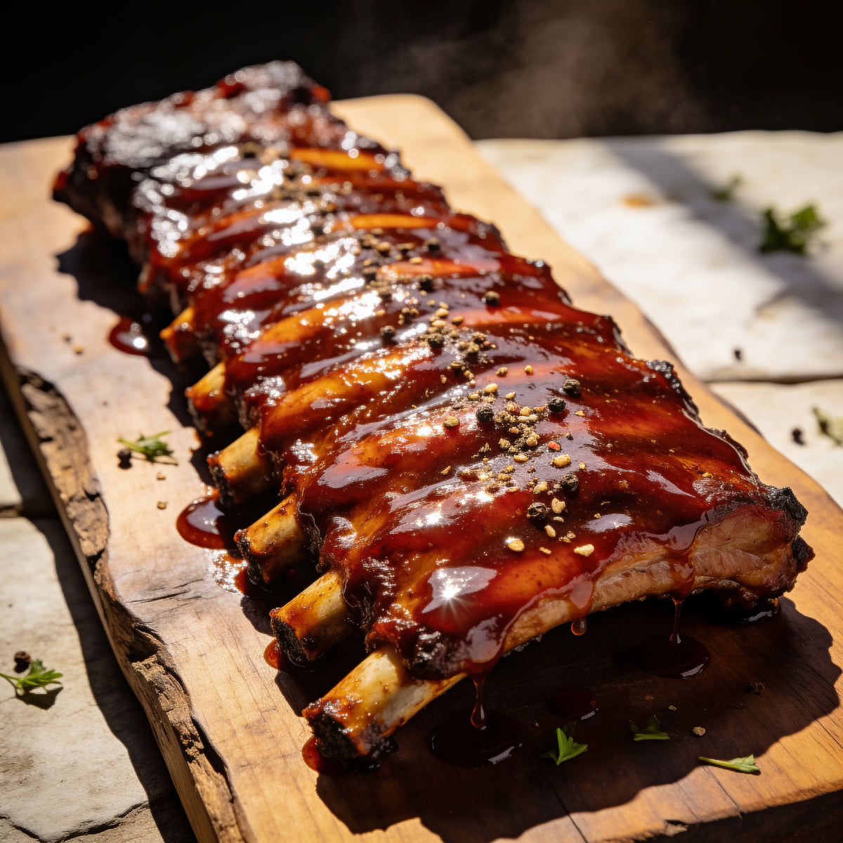 Glazed pork ribs with glossy mahogany BBQ sauce pooling between bones
