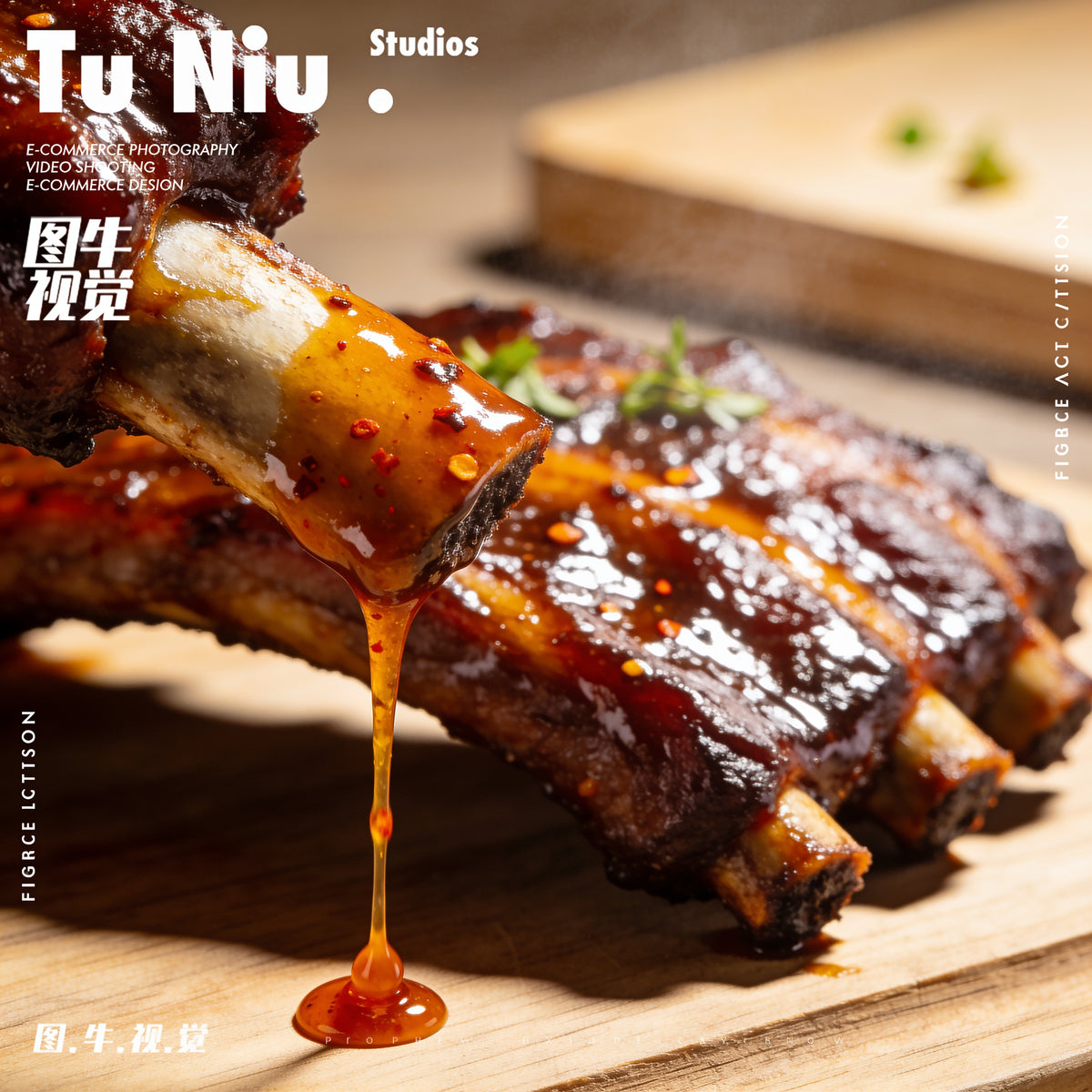 Macro slow-drip of glossy habanero-orange BBQ sauce on a rib bone