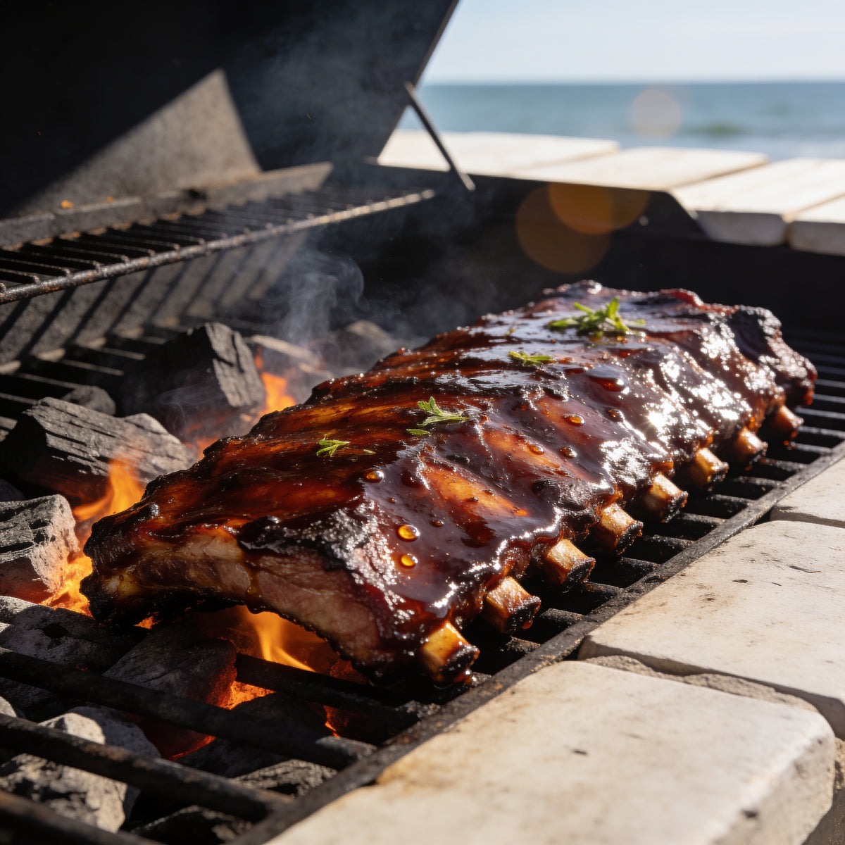 Mahogany-glazed ribs beside glowing charcoal with visible heat haze