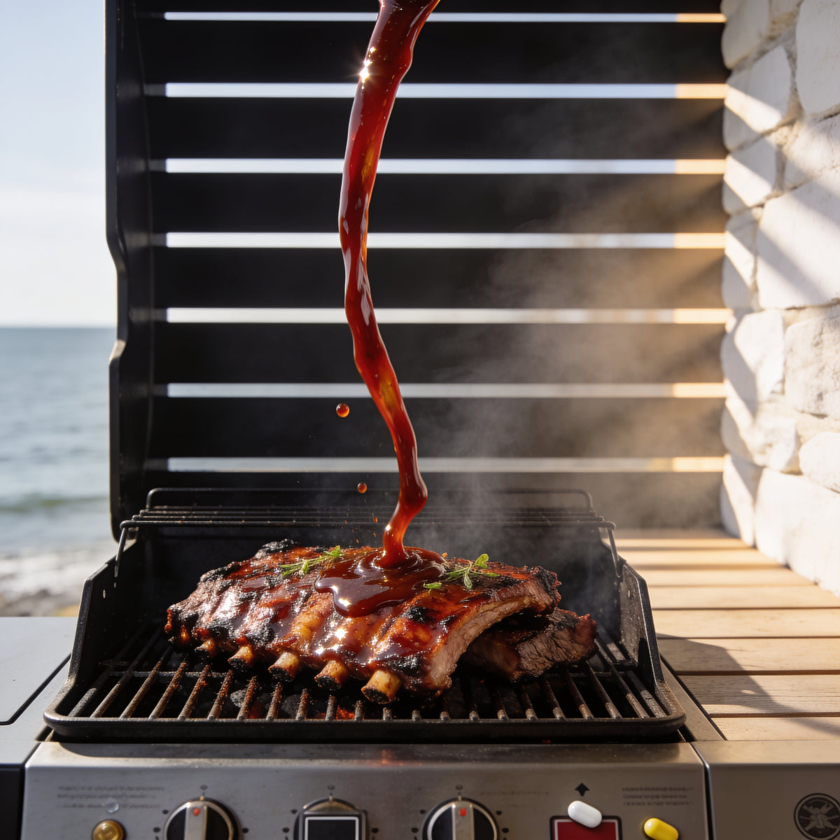 Macro frozen-pour of pink-red BBQ sauce falling onto a rack of ribs