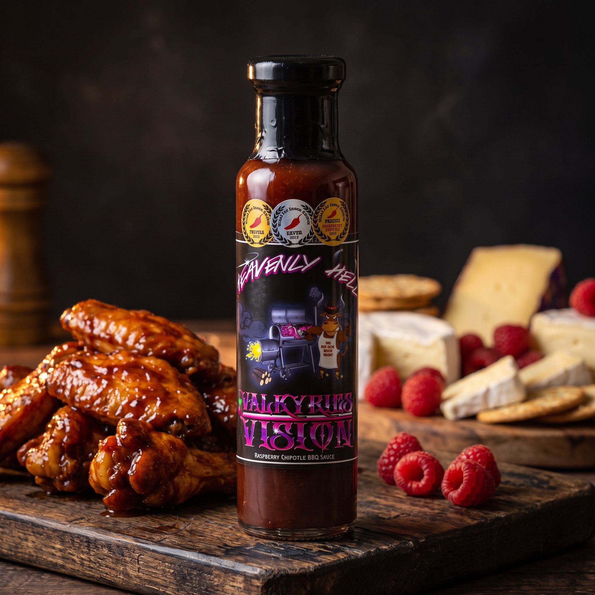 Valkyries Vision raspberry chipotle sauce styled with wings and cheese