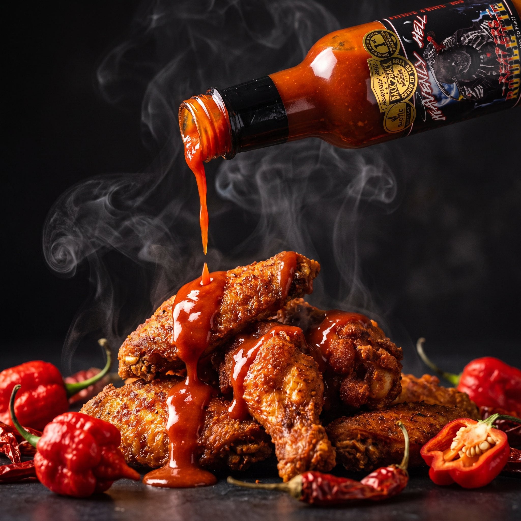 Reapers Roulette hot sauce drizzled over a pile of hot chicken wings