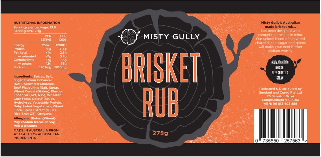 Misty Gully Brisket Rub ingredients label