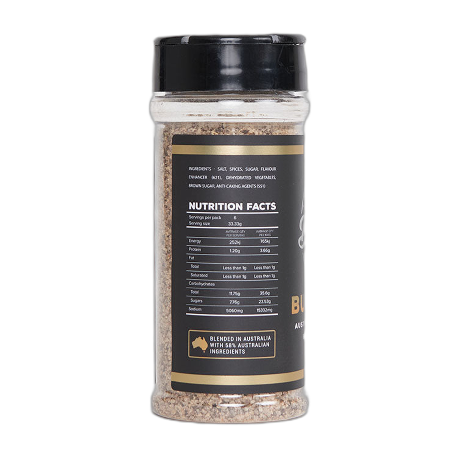 Butchers Axe Bullseye beef rub 200g shaker, back label with nutrition panel and ingredients, transparent background
