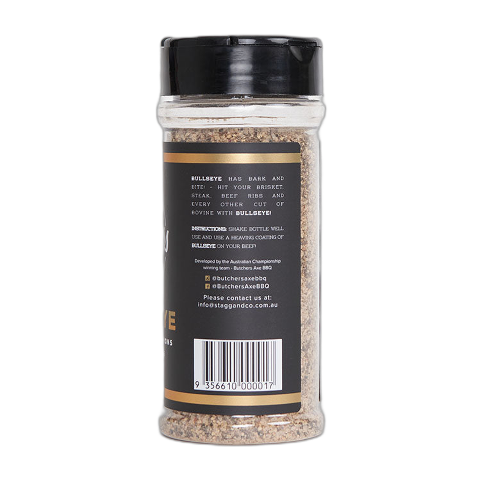 Butchers Axe Bullseye beef rub 200g shaker, side label detail, transparent background