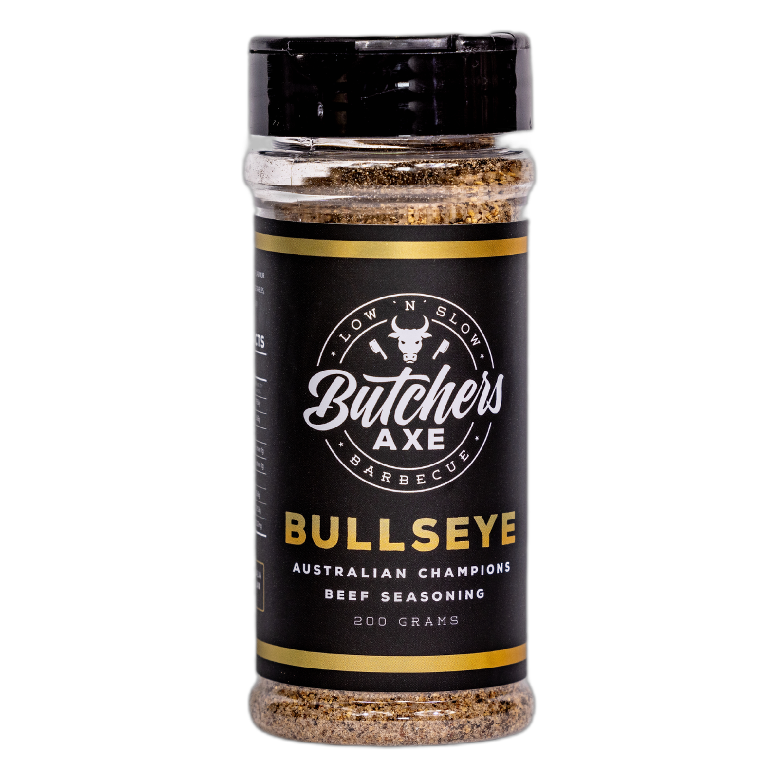 Butchers Axe Bullseye beef rub 200g shaker, product only on transparent background