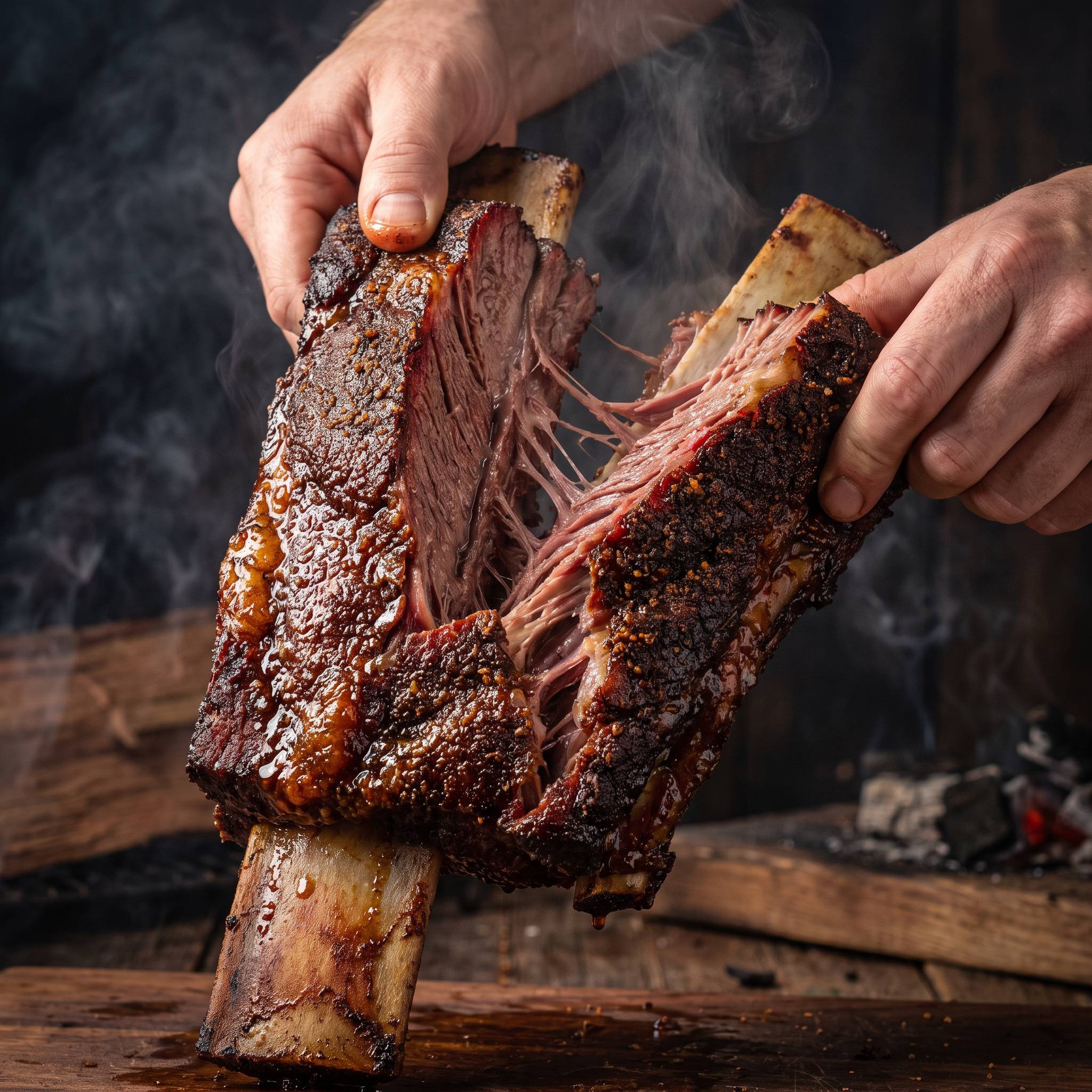 Heavenly Hell Bronco Layne beef rub 150g — hands pulling apart a tender smoked beef rib with mahogany bark