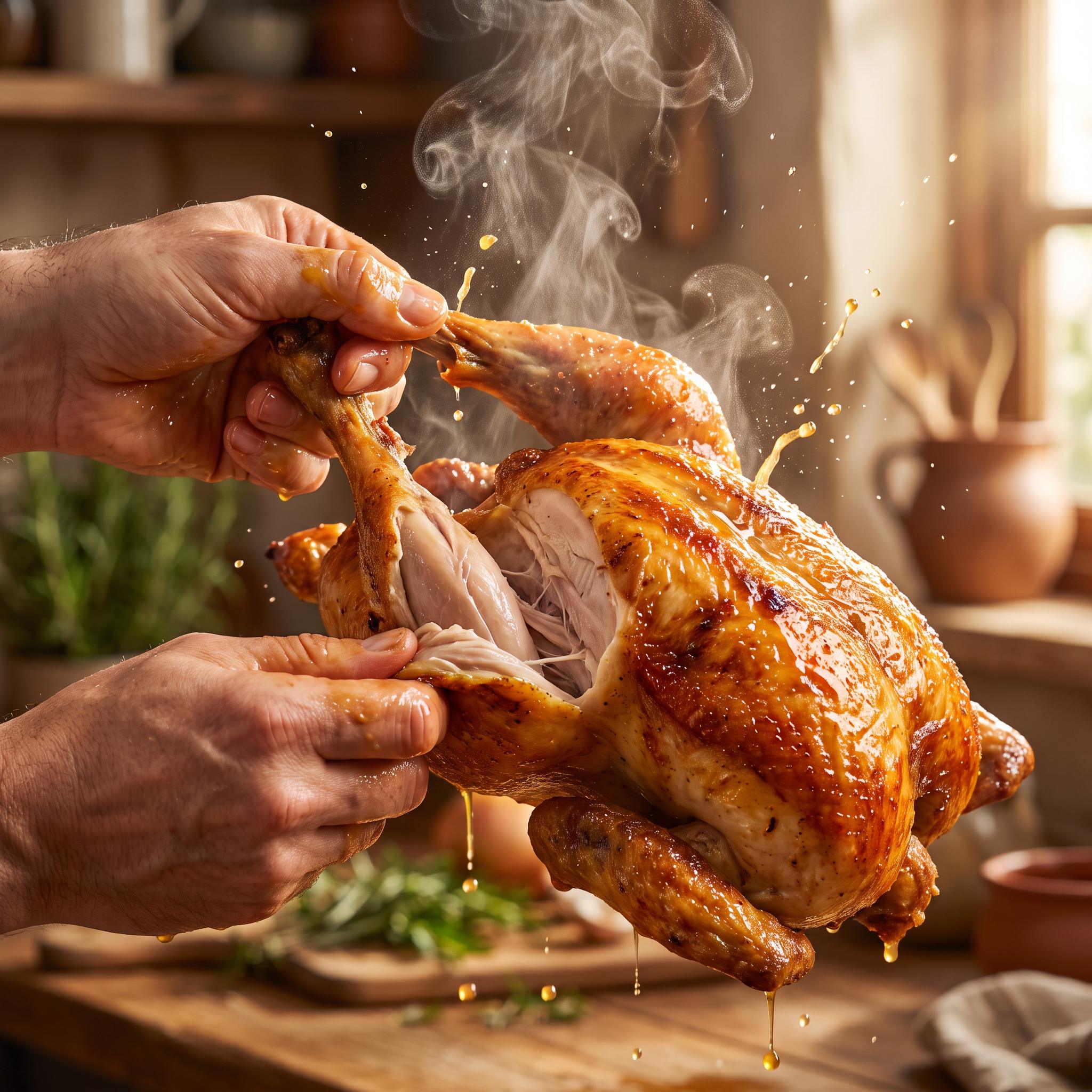 Heavenly Hell Rock n Roll Rooster championship chicken rub 150g — hands pulling apart a golden roast chicken with juices and steam