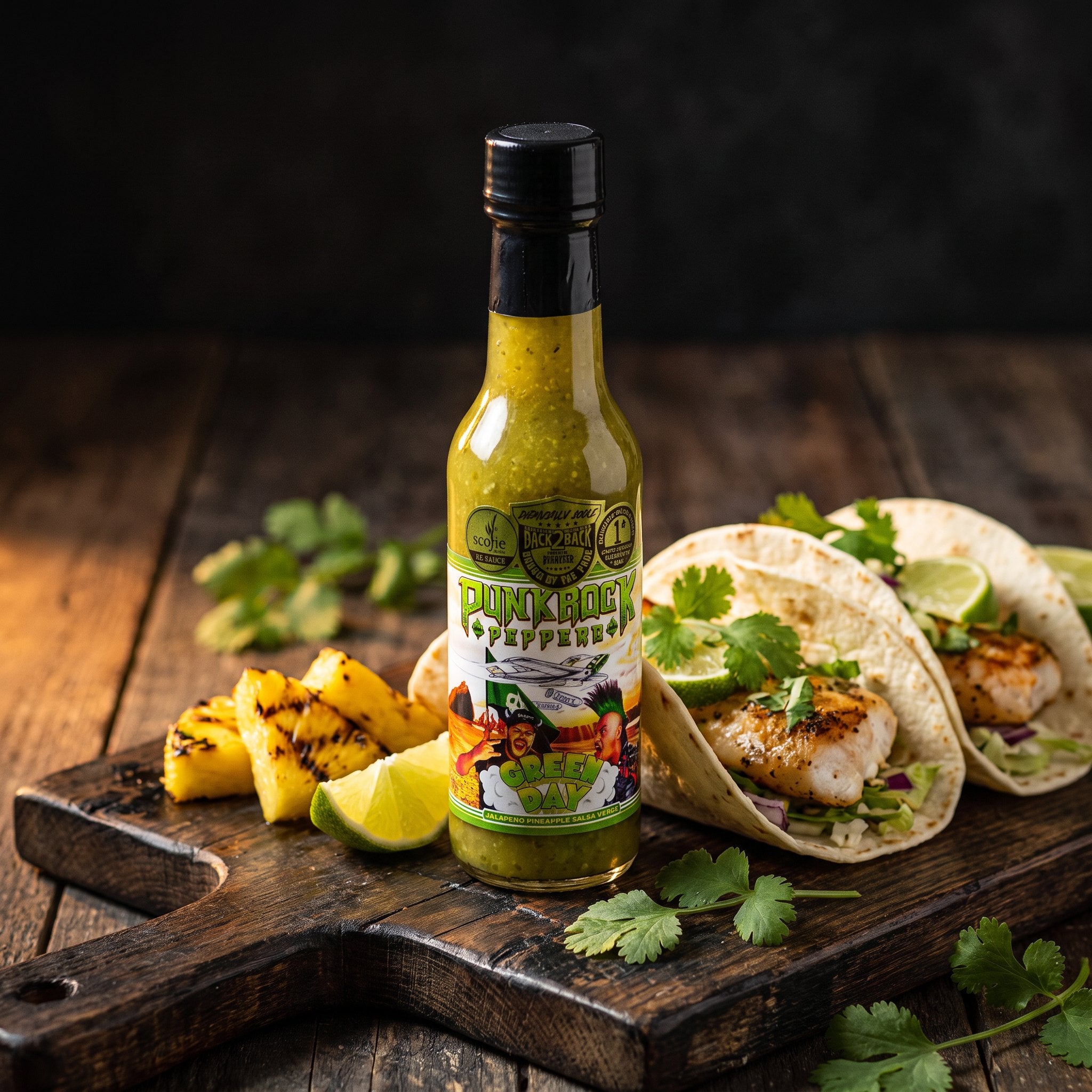 Punk Rock Peppers Green Day salsa verde hot sauce styled with fish tacos