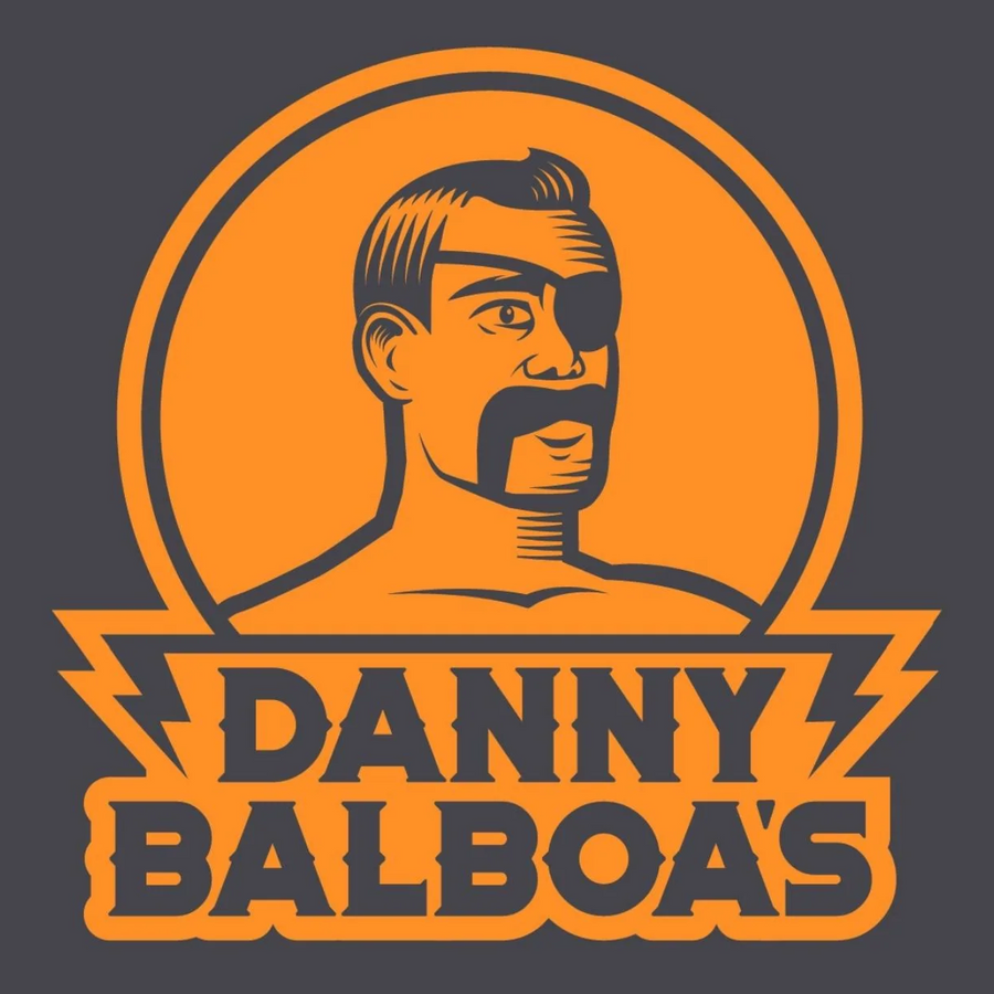 Danny Balboas hot sauce brand logo, amber 3D wordmark with lightning-bolt accents, on black background