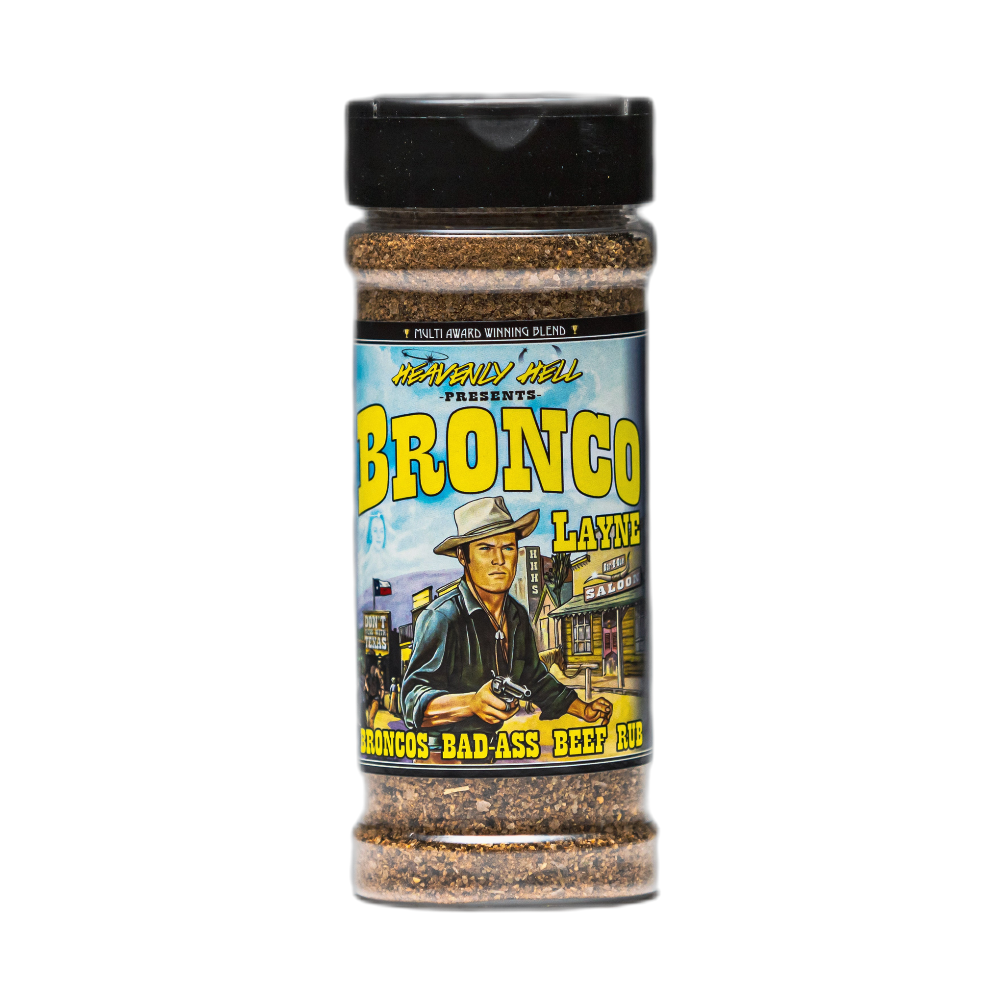 Heavenly Hell Bronco Layne beef rub 150g — front of the shaker on transparent background