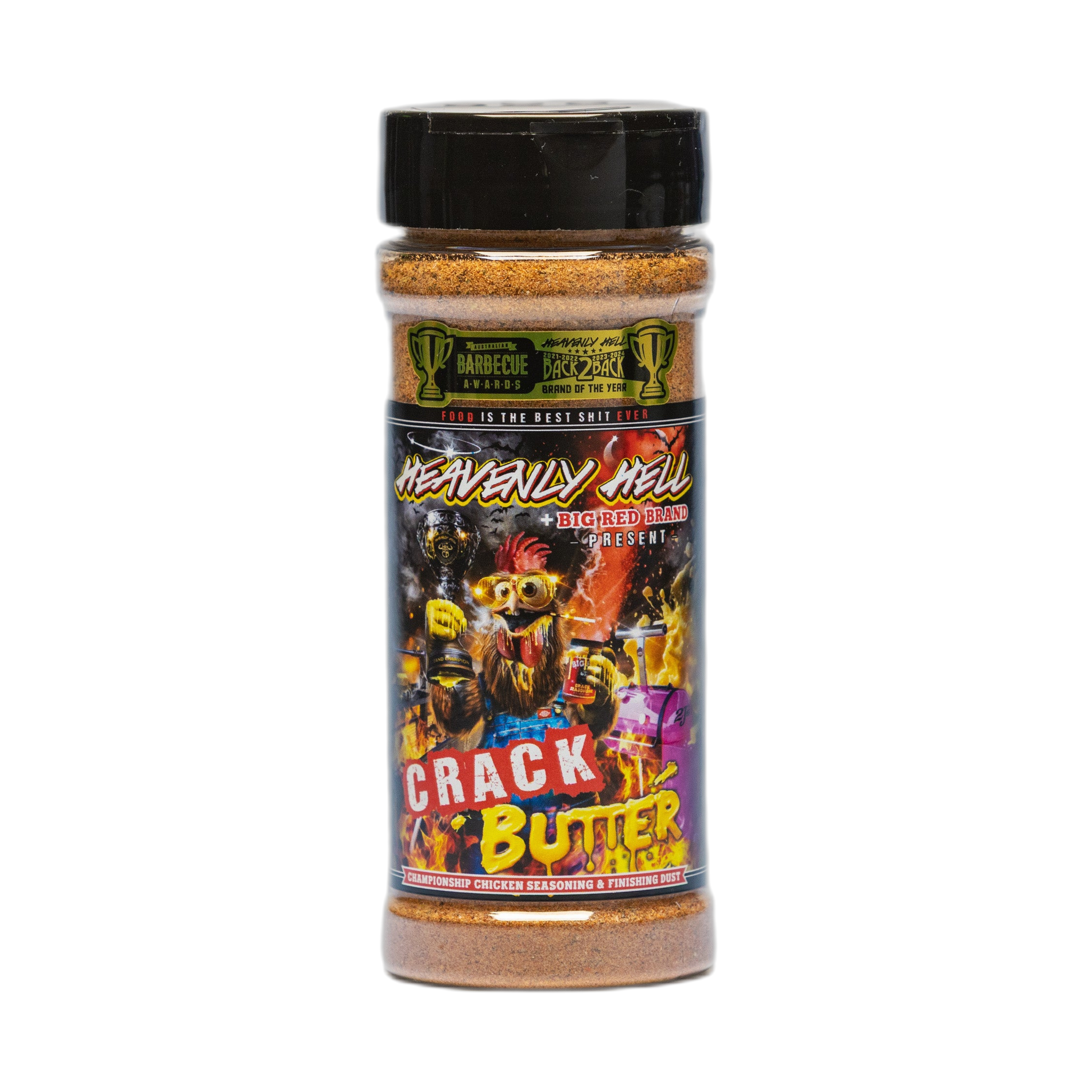 Heavenly Hell Crack Butter chicken seasoning & finishing dust 150g — front of the shaker on transparent background