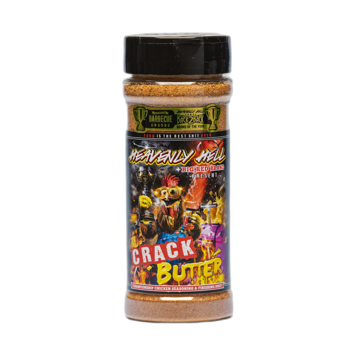 Heavenly Hell Crack Butter chicken seasoning & finishing dust 150g — front of the shaker on transparent background