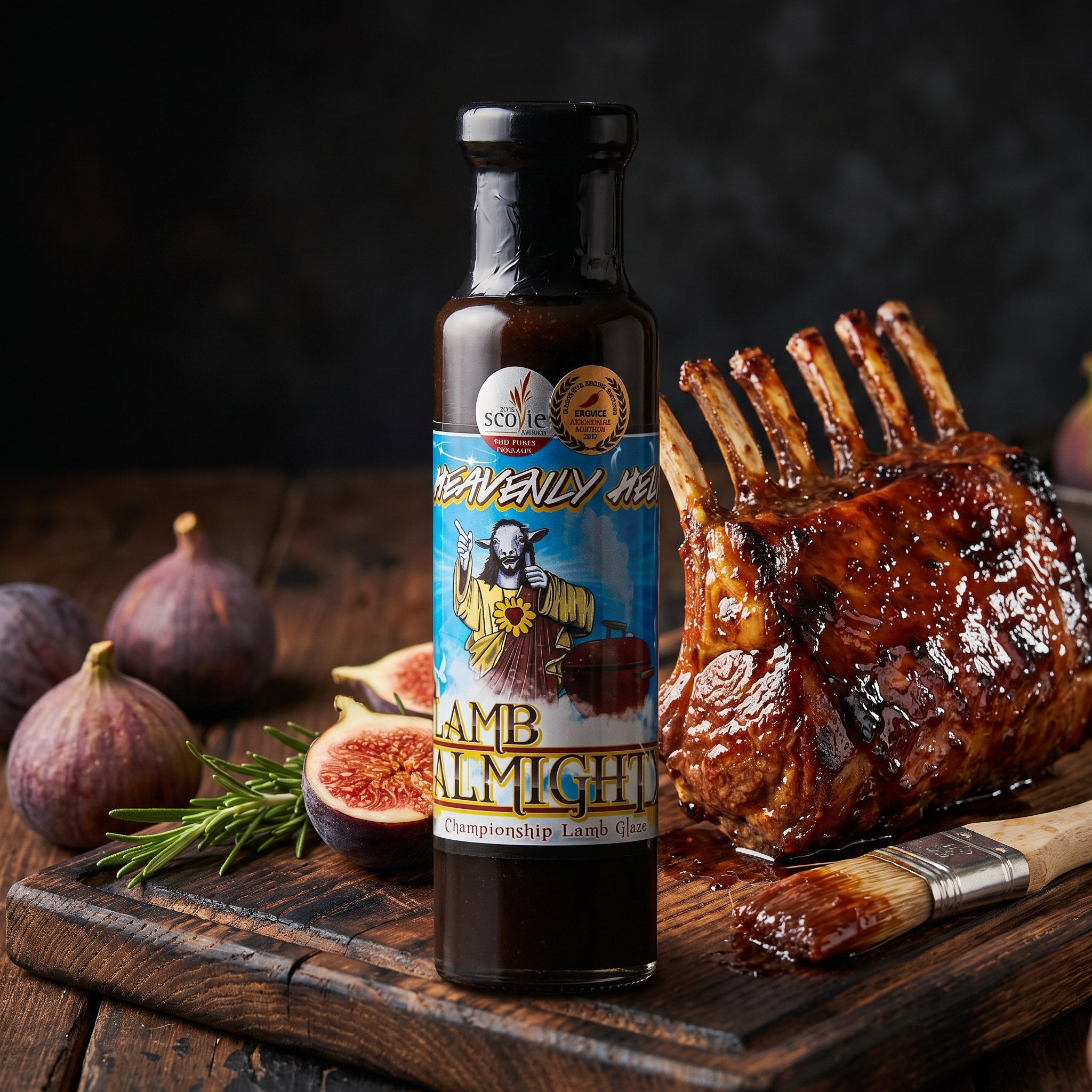 Lamb Almighty fig port maple glaze styled with a glazed rack of lamb