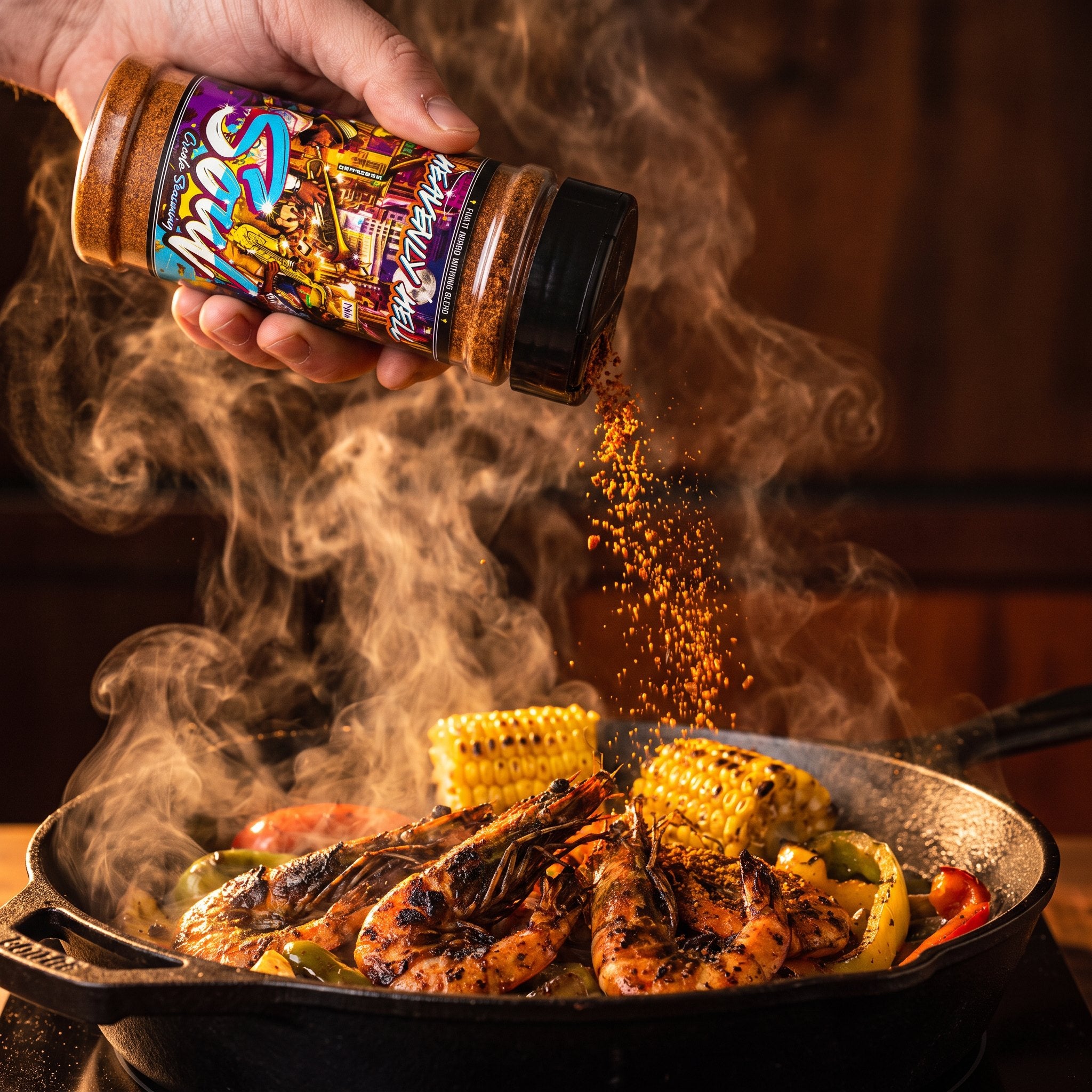 Soul Creole seasoning shaken over blackened prawns and corn