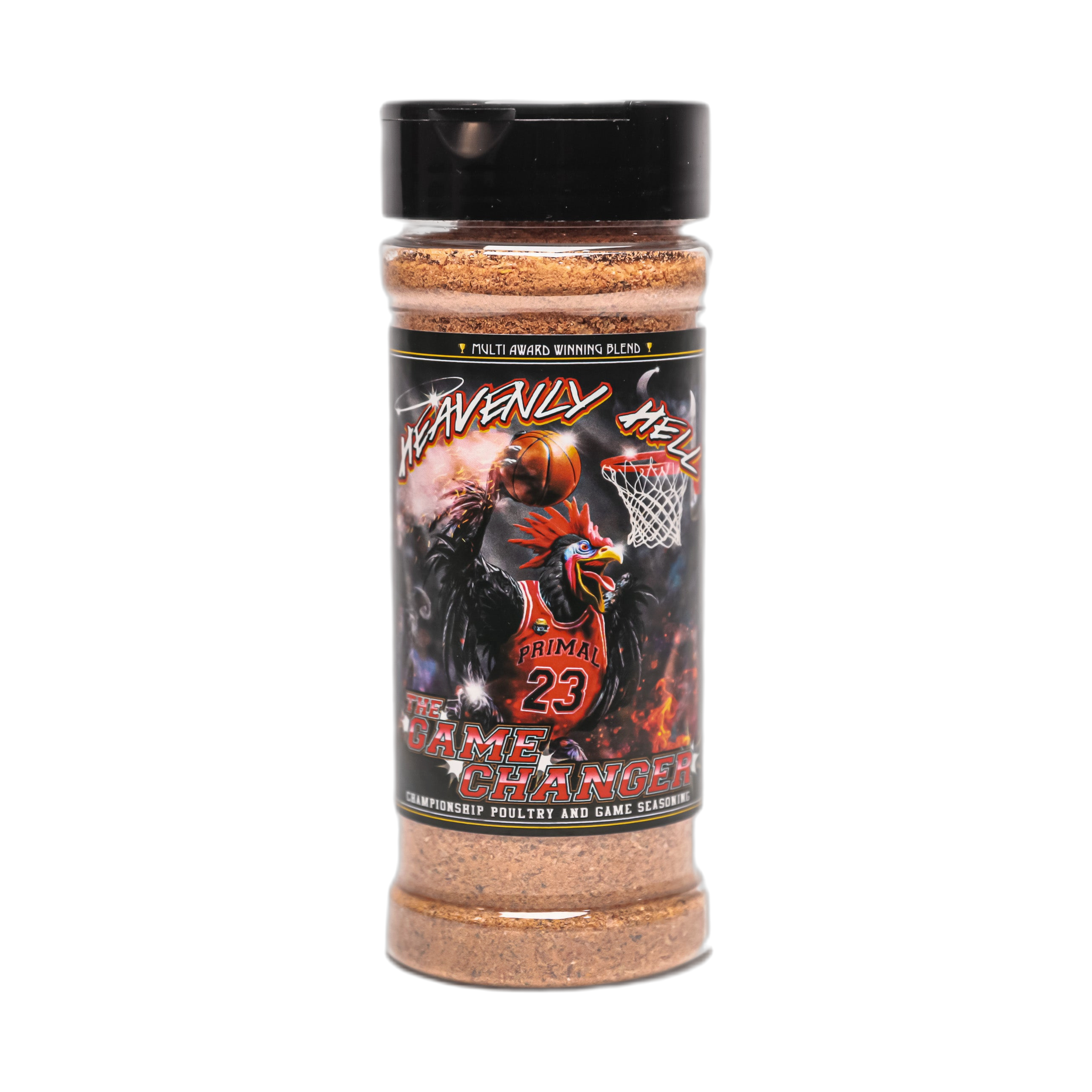 Heavenly Hell The Game Changer poultry & game seasoning 150g — front of the shaker on transparent background