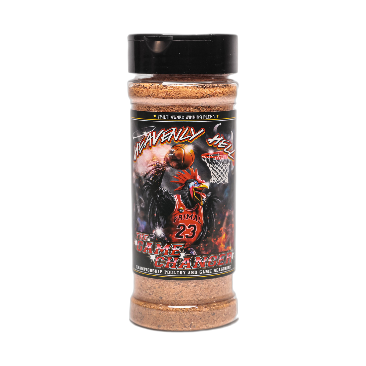 Heavenly Hell The Game Changer poultry & game seasoning 150g — front of the shaker on transparent background