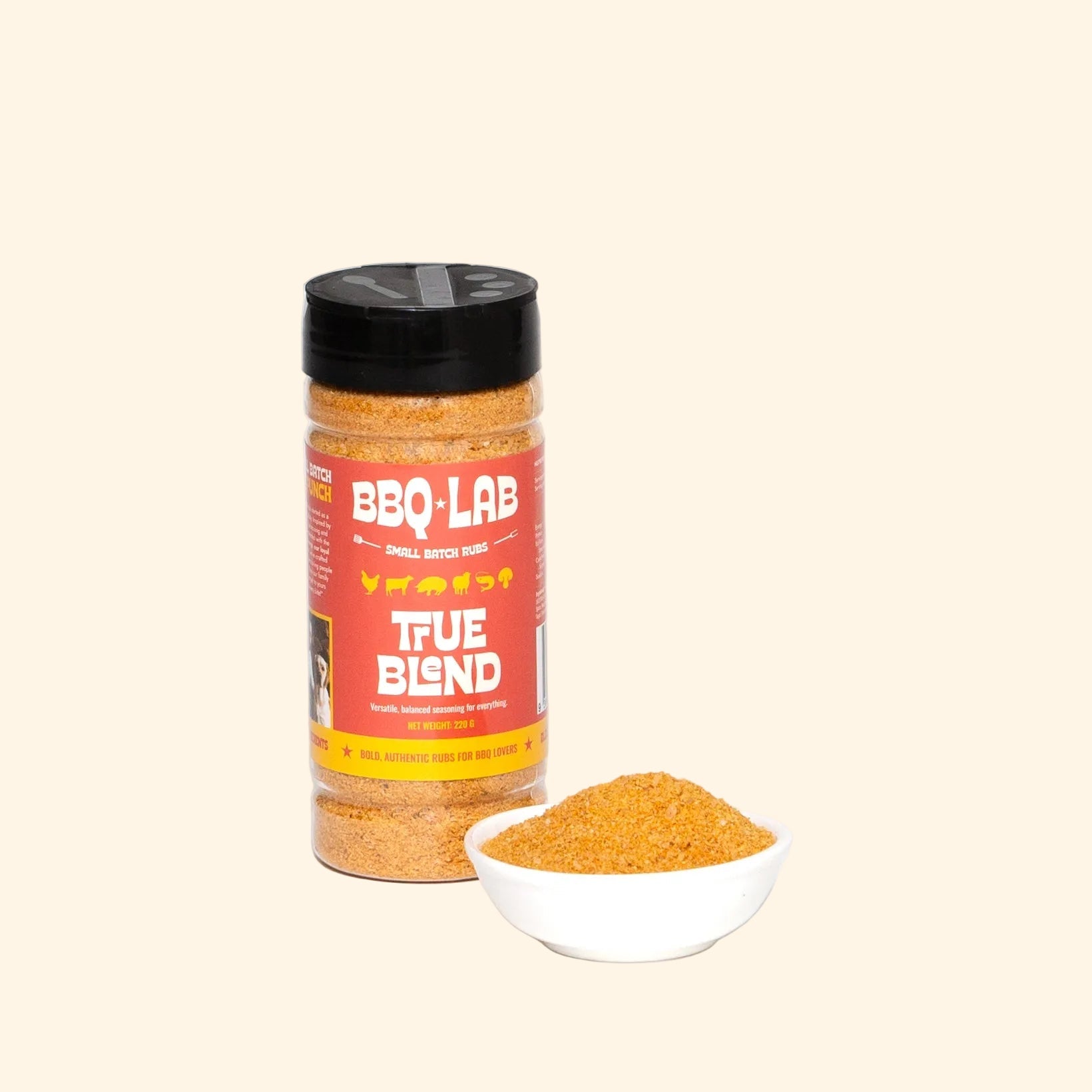 BBQ Lab True Blend seasoning with a small bowl of the blend