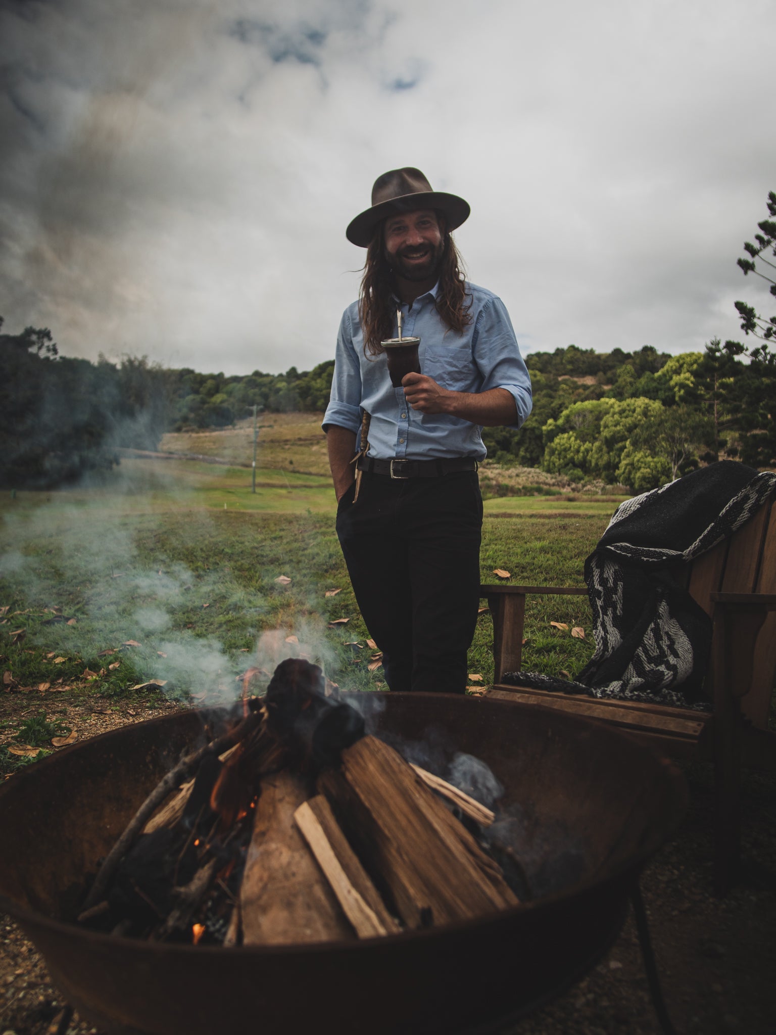 Argentinian gaucho by the campfire with mate — Jimmy Chimichurri Classic lifestyle