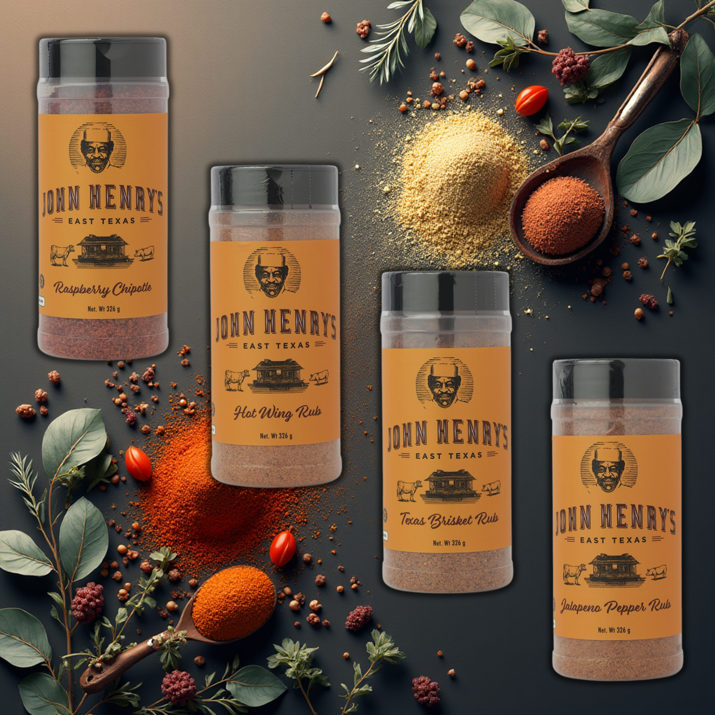 JOHN HENRYS: Pitmaster Bundle 4 Pack Raspberry Chipotle, Hot Wing, Texas Brisket, Jalapeno Pepper 4 x 326g