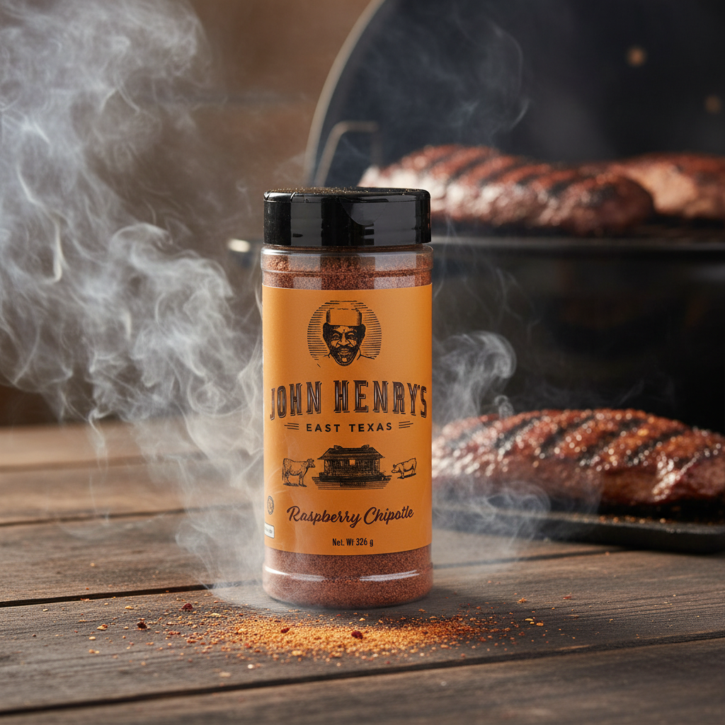 Spice container with 'John Henry's Raspberry Chipotle' label on an orange background